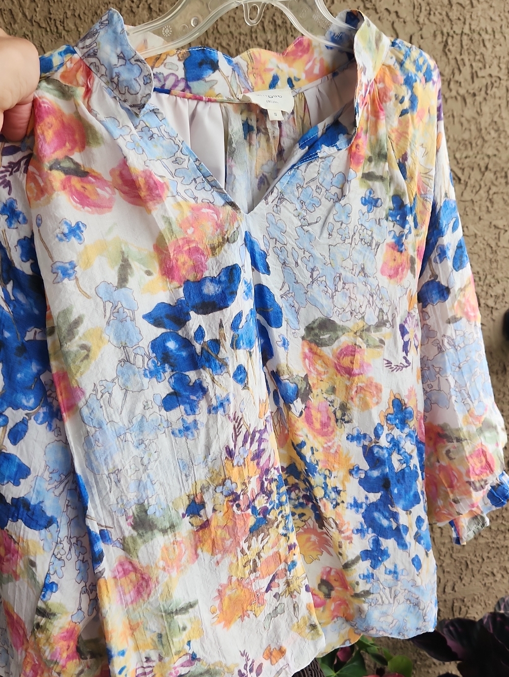 Umgee Floral V-Neck Lightweight Blouse - Blue, Pink, Yellow